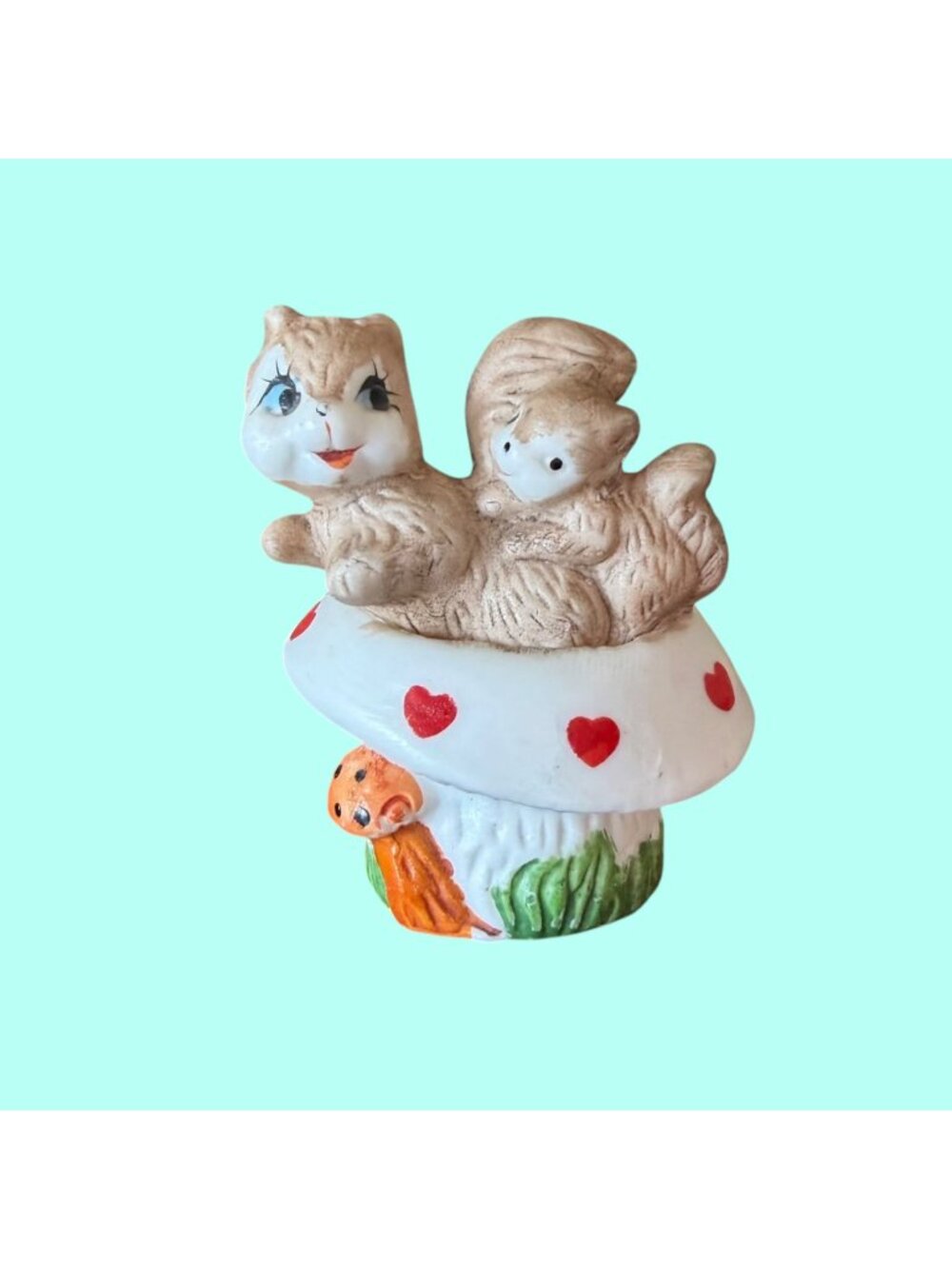 Vintage Enesco Squirrel Mama & Baby In Toadstool Mushroom Miniature Figurine